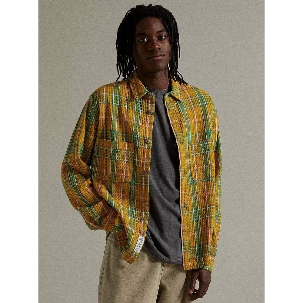 BDG Urban Outfitters Giallo Waffle Check Stampa Over-Shirt Button Down Medium